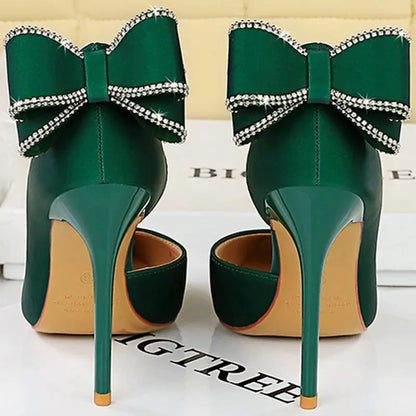 Women 10.5cm High Heels Silk Pumps Sweet Style Rhinestone Bow Super High Heels Lady Fetish Wedding Bridal Pink Green Blue Shoes - Abysaz Kollectionz