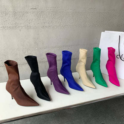 Eilyken 2025 New Spring Autumn Stretch Fabric Women Ankle Boots Sexy Pointed Toe High Heels Fashion Female Socks Pumps Shoes Abysaz Kollectionz