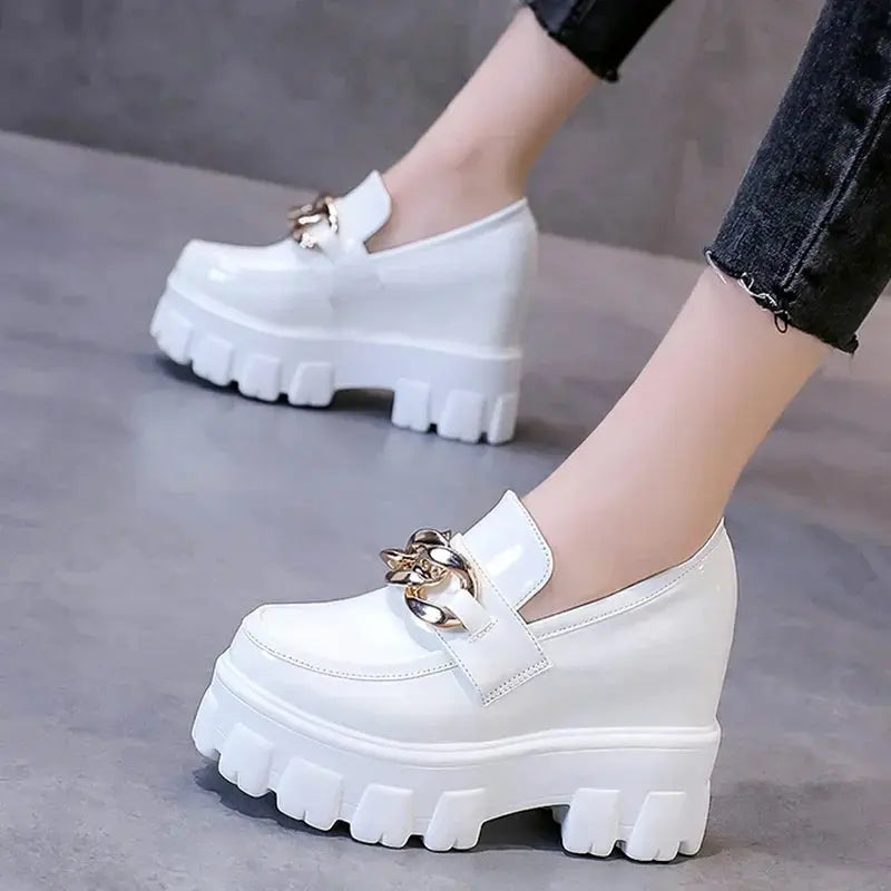 Women Patent Leather Chunky Sneakers Loafers Breathable Chain High Heels Platform Casual Shoes Flats Woman Vulcanize - Abysaz Kollectionz