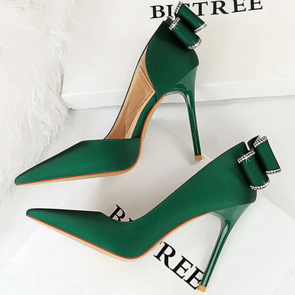 Women 10.5cm High Heels Silk Pumps Sweet Style Rhinestone Bow Super High Heels Lady Fetish Wedding Bridal Pink Green Blue Shoes - Abysaz Kollectionz