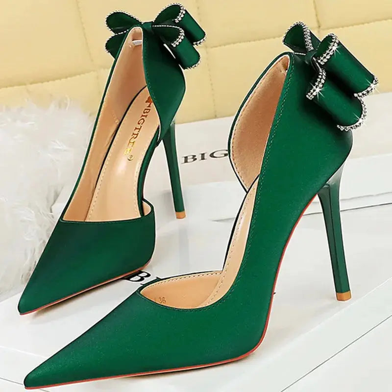 Women 10.5cm High Heels Silk Pumps Sweet Style Rhinestone Bow Super High Heels Lady Fetish Wedding Bridal Pink Green Blue Shoes - Abysaz Kollectionz