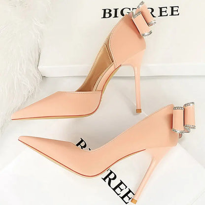 Women 10.5cm High Heels Silk Pumps Sweet Style Rhinestone Bow Super High Heels Lady Fetish Wedding Bridal Pink Green Blue Shoes - Abysaz Kollectionz