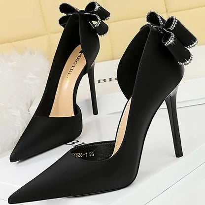 Women 10.5cm High Heels Silk Pumps Sweet Style Rhinestone Bow Super High Heels Lady Fetish Wedding Bridal Pink Green Blue Shoes - Abysaz Kollectionz