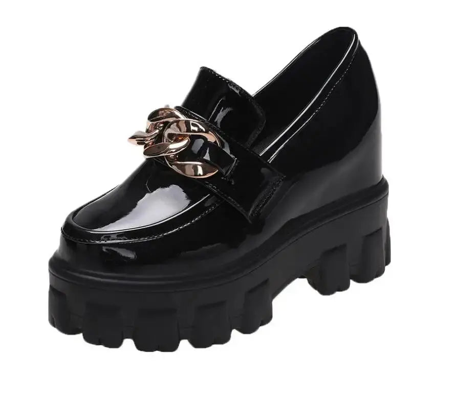 Women Patent Leather Chunky Sneakers Loafers Breathable Chain High Heels Platform Casual Shoes Flats Woman Vulcanize - Abysaz Kollectionz