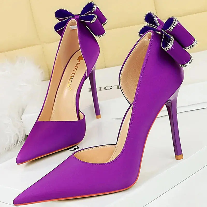 Women 10.5cm High Heels Silk Pumps Sweet Style Rhinestone Bow Super High Heels Lady Fetish Wedding Bridal Pink Green Blue Shoes - Abysaz Kollectionz