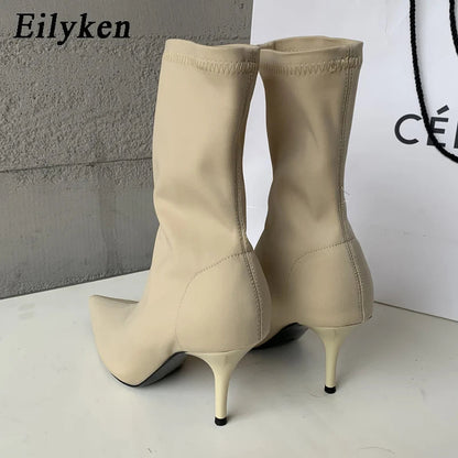 Eilyken 2025 New Spring Autumn Stretch Fabric Women Ankle Boots Sexy Pointed Toe High Heels Fashion Female Socks Pumps Shoes Abysaz Kollectionz