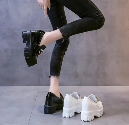 Women Patent Leather Chunky Sneakers Loafers Breathable Chain High Heels Platform Casual Shoes Flats Woman Vulcanize - Abysaz Kollectionz