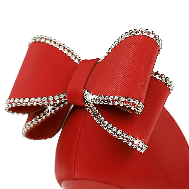 Women 10.5cm High Heels Silk Pumps Sweet Style Rhinestone Bow Super High Heels Lady Fetish Wedding Bridal Pink Green Blue Shoes Abysaz Kollectionz