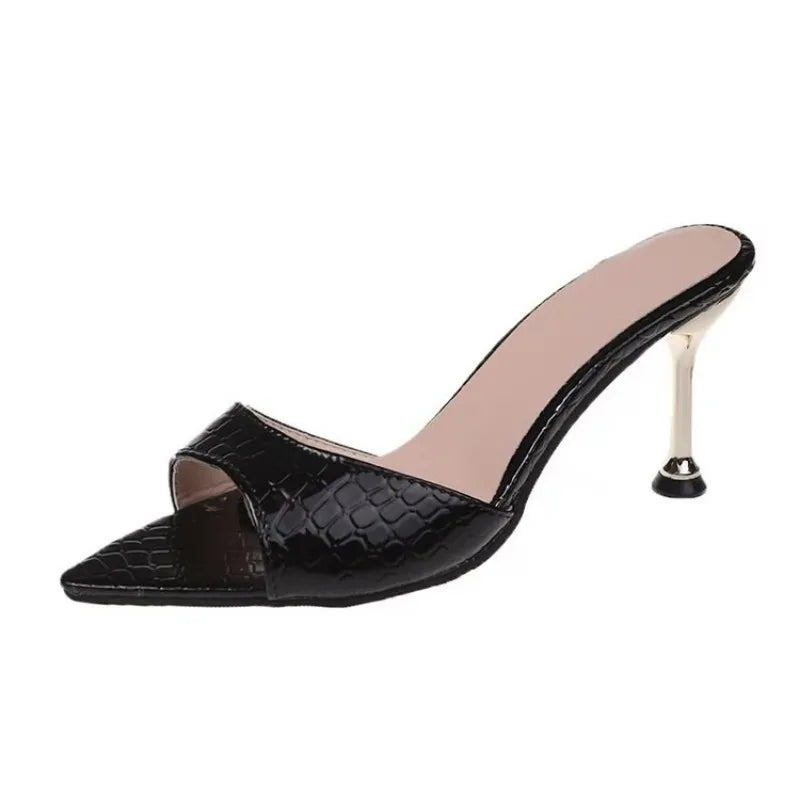 Snake Print Strappy Mule Women Thin High Heels Slippers Sandals Pointed Peep Toe Slides Party Flip Flops Shoes Abysaz Kollectionz