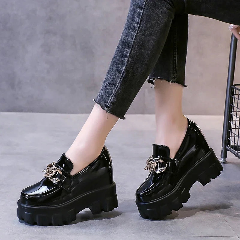 Women Patent Leather Chunky Sneakers Loafers Breathable Chain High Heels Platform Casual Shoes Flats Woman Vulcanize Abysaz Kollectionz