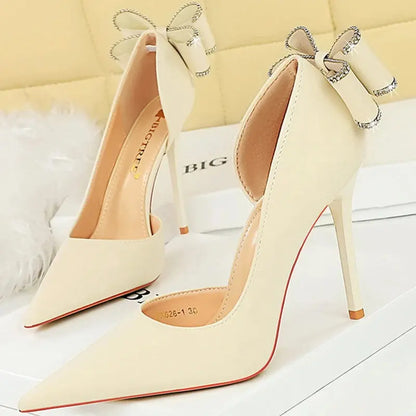 Women 10.5cm High Heels Silk Pumps Sweet Style Rhinestone Bow Super High Heels Lady Fetish Wedding Bridal Pink Green Blue Shoes - Abysaz Kollectionz