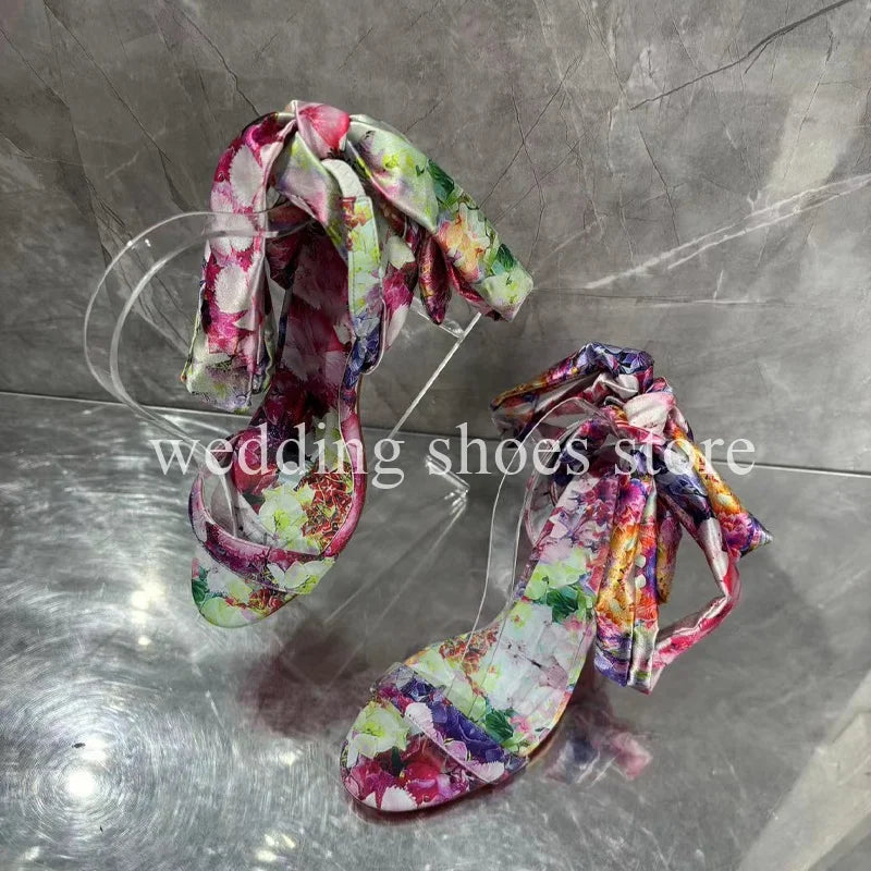 Fashion Colourful Flowers Printed Lace-up High Heels Sexy Bowknot Ankle Strap Women Summer Wedding Party Sandals Bag Shoes Abysaz Kollectionz