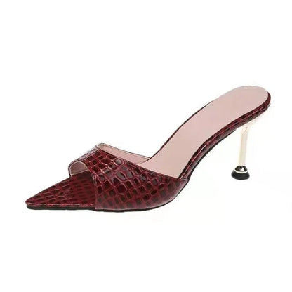 Snake Print Strappy Mule Women Thin High Heels Slippers Sandals Pointed Peep Toe Slides Party Flip Flops Shoes Abysaz Kollectionz