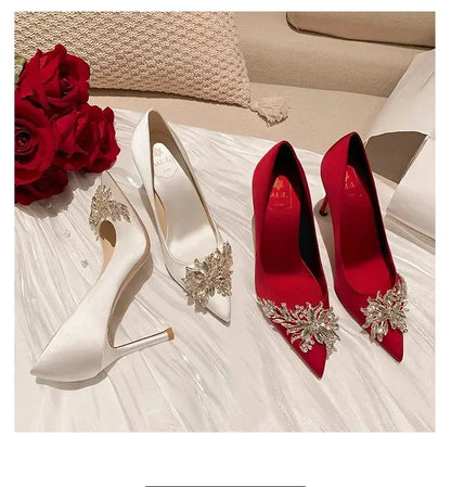 2024 Spring Summer Autumn New Wedding Shoes Red High Heels  Slim Heels Korean Version Pointed Toe Bride Shoes High Heels - Abysaz Kollectionz