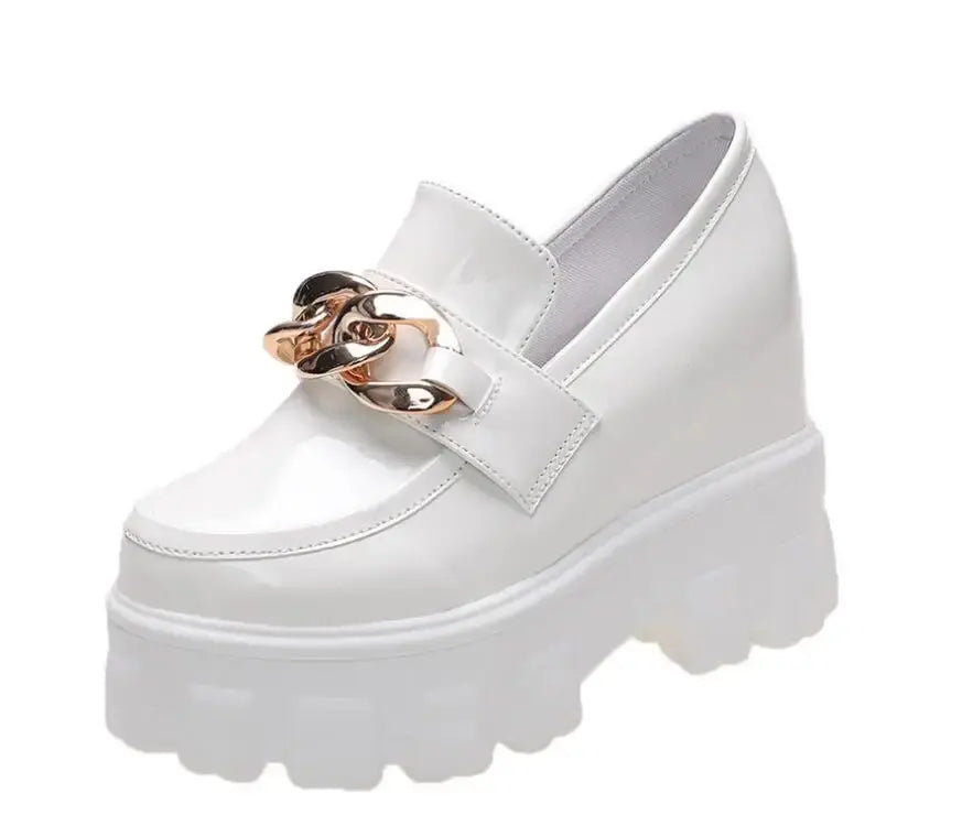 Women Patent Leather Chunky Sneakers Loafers Breathable Chain High Heels Platform Casual Shoes Flats Woman Vulcanize - Abysaz Kollectionz