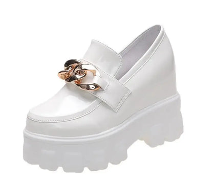 Women Patent Leather Chunky Sneakers Loafers Breathable Chain High Heels Platform Casual Shoes Flats Woman Vulcanize - Abysaz Kollectionz