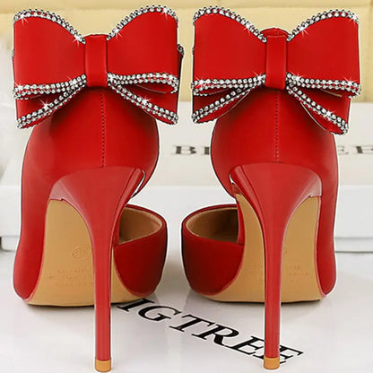 Women 10.5cm High Heels Silk Pumps Sweet Style Rhinestone Bow Super High Heels Lady Fetish Wedding Bridal Pink Green Blue Shoes - Abysaz Kollectionz