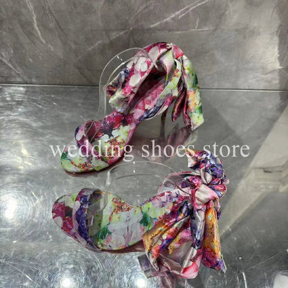 Fashion Colourful Flowers Printed Lace-up High Heels Sexy Bowknot Ankle Strap Women Summer Wedding Party Sandals Bag Shoes Abysaz Kollectionz