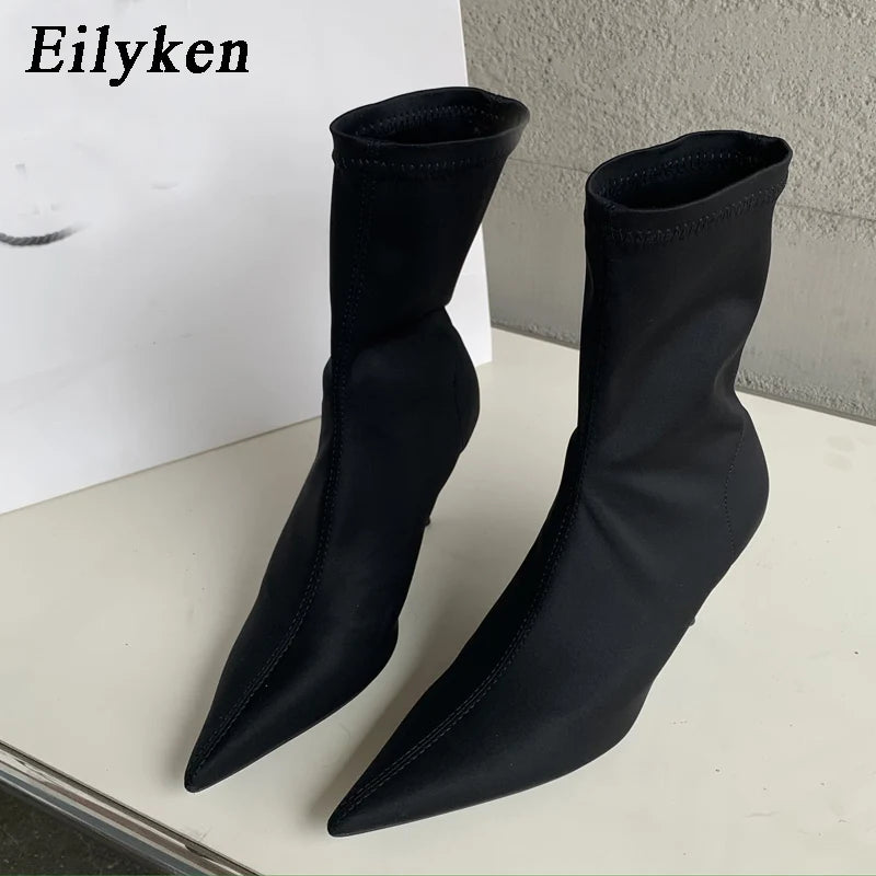 Eilyken 2025 New Spring Autumn Stretch Fabric Women Ankle Boots Sexy Pointed Toe High Heels Fashion Female Socks Pumps Shoes Abysaz Kollectionz