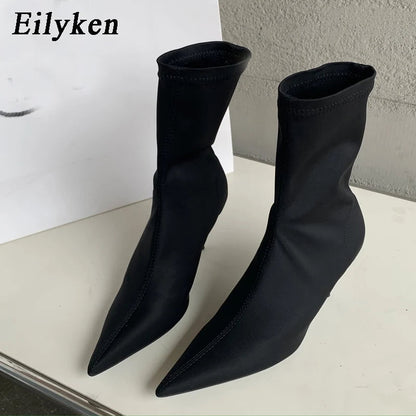 Eilyken 2025 New Spring Autumn Stretch Fabric Women Ankle Boots Sexy Pointed Toe High Heels Fashion Female Socks Pumps Shoes Abysaz Kollectionz