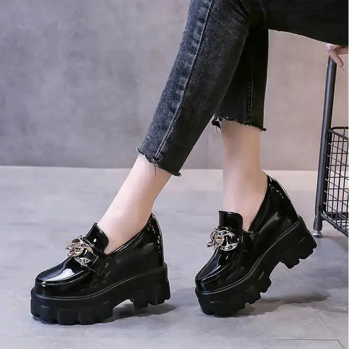 Women Patent Leather Chunky Sneakers Loafers Breathable Chain High Heels Platform Casual Shoes Flats Woman Vulcanize - Abysaz Kollectionz