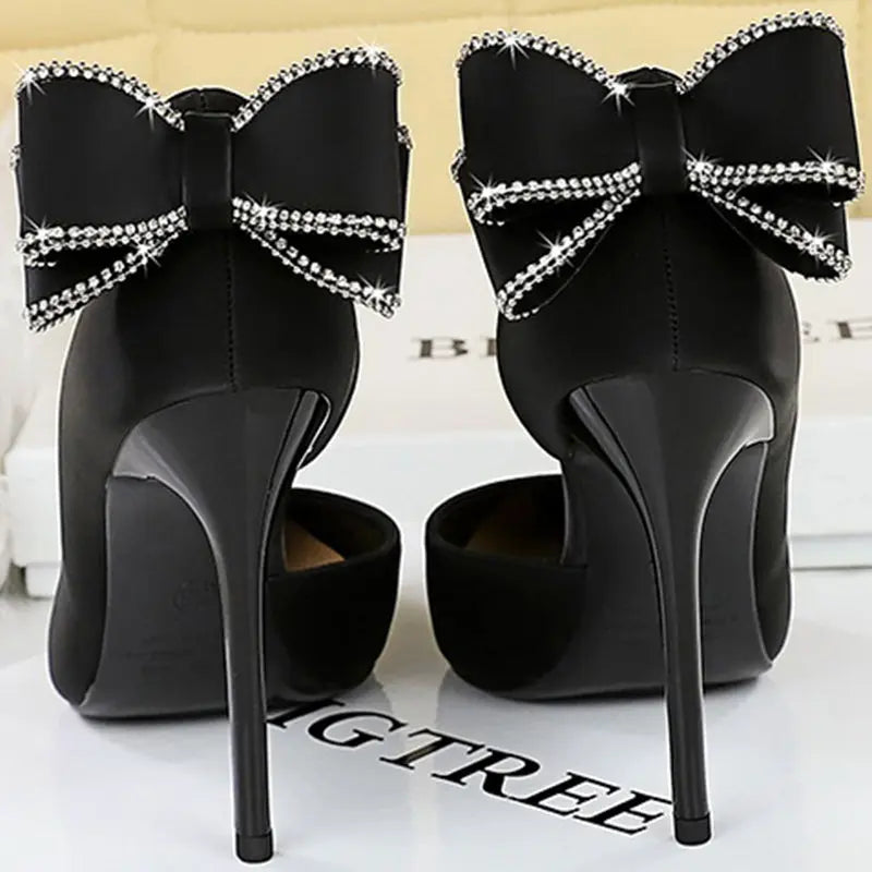 Women 10.5cm High Heels Silk Pumps Sweet Style Rhinestone Bow Super High Heels Lady Fetish Wedding Bridal Pink Green Blue Shoes - Abysaz Kollectionz