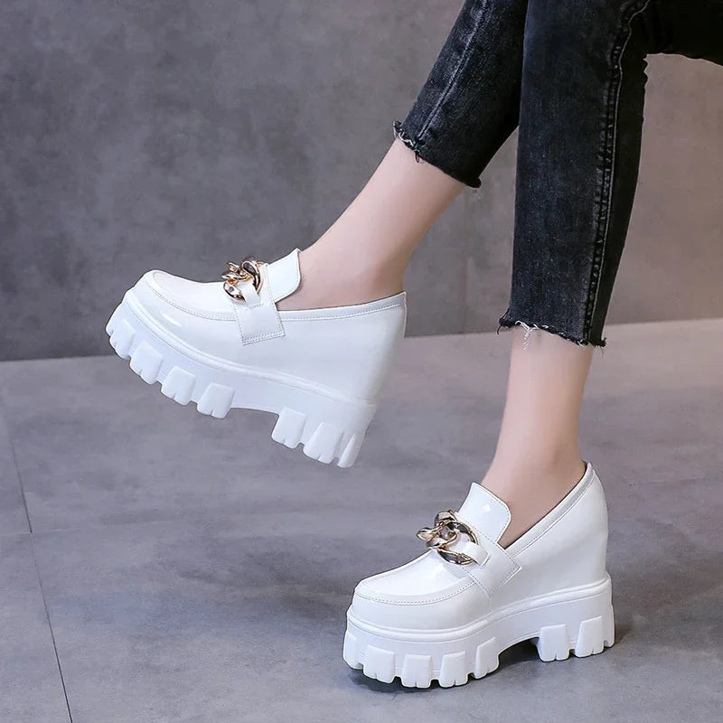 Women Patent Leather Chunky Sneakers Loafers Breathable Chain High Heels Platform Casual Shoes Flats Woman Vulcanize Abysaz Kollectionz