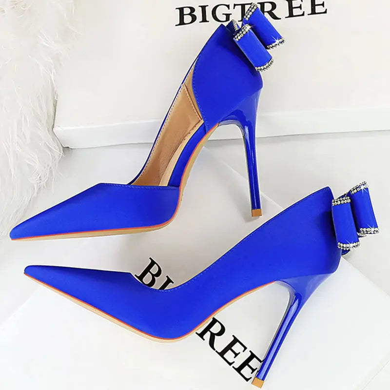 Women 10.5cm High Heels Silk Pumps Sweet Style Rhinestone Bow Super High Heels Lady Fetish Wedding Bridal Pink Green Blue Shoes - Abysaz Kollectionz