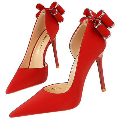 Women 10.5cm High Heels Silk Pumps Sweet Style Rhinestone Bow Super High Heels Lady Fetish Wedding Bridal Pink Green Blue Shoes - Abysaz Kollectionz