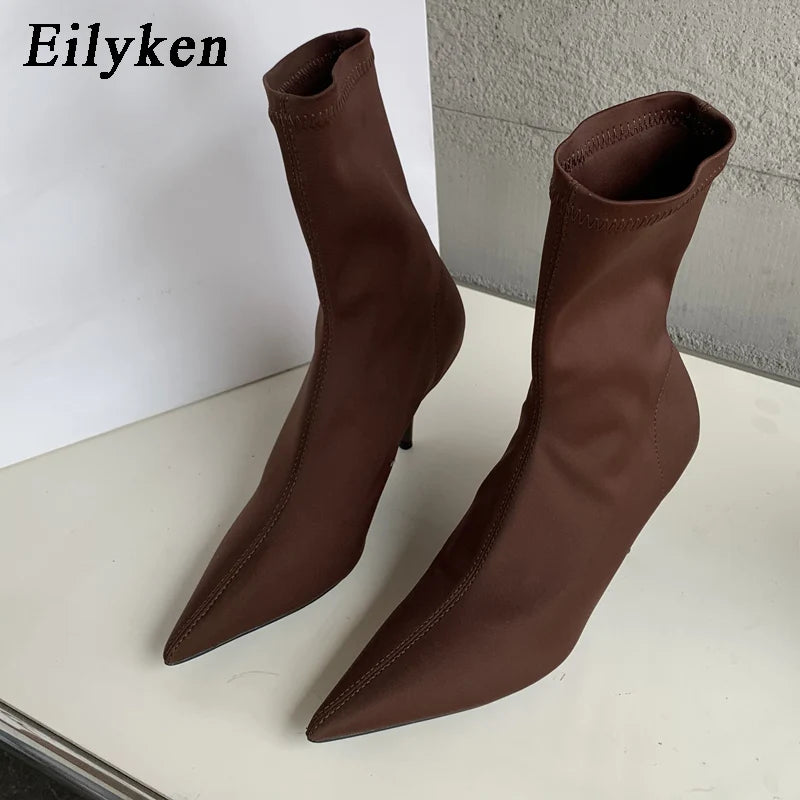 Eilyken 2025 New Spring Autumn Stretch Fabric Women Ankle Boots Sexy Pointed Toe High Heels Fashion Female Socks Pumps Shoes Abysaz Kollectionz