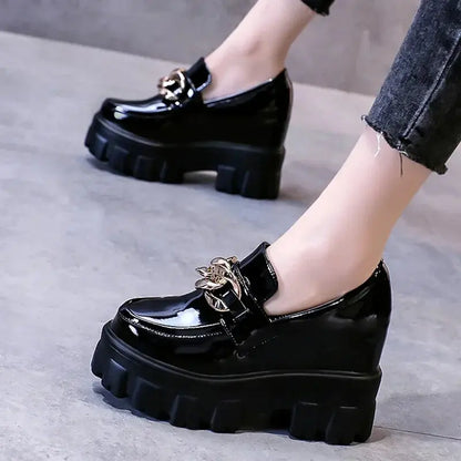 Women Patent Leather Chunky Sneakers Loafers Breathable Chain High Heels Platform Casual Shoes Flats Woman Vulcanize - Abysaz Kollectionz