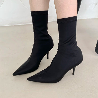 Eilyken 2025 New Spring Autumn Stretch Fabric Women Ankle Boots Sexy Pointed Toe High Heels Fashion Female Socks Pumps Shoes Abysaz Kollectionz