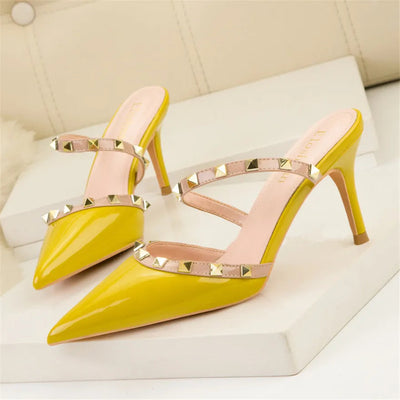 Fashion Rivet Slip On Women Slippers New Summer Pointy Toe High Heels Shoes Party Patent Leather Hollow Sexy Female Sandal Dress Abysaz Kollectionz
