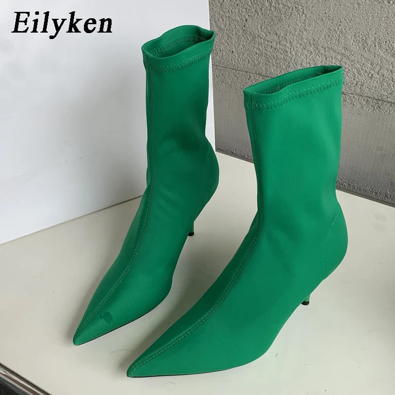 Eilyken 2025 New Spring Autumn Stretch Fabric Women Ankle Boots Sexy Pointed Toe High Heels Fashion Female Socks Pumps Shoes Abysaz Kollectionz