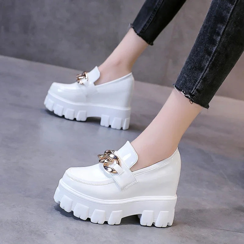 Women Patent Leather Chunky Sneakers Loafers Breathable Chain High Heels Platform Casual Shoes Flats Woman Vulcanize Abysaz Kollectionz