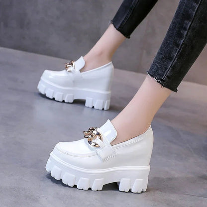 Women Patent Leather Chunky Sneakers Loafers Breathable Chain High Heels Platform Casual Shoes Flats Woman Vulcanize Abysaz Kollectionz