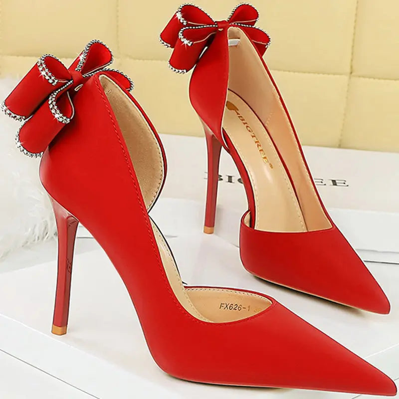 Women 10.5cm High Heels Silk Pumps Sweet Style Rhinestone Bow Super High Heels Lady Fetish Wedding Bridal Pink Green Blue Shoes - Abysaz Kollectionz
