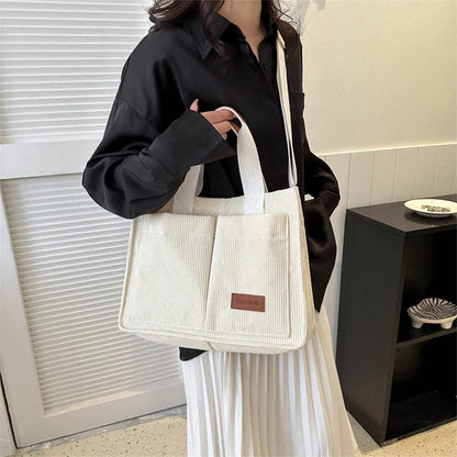 Fashionable women's casual handbag, corduroy tote bag, letter patch decoration shoulder bag, multi pocket crossbody bag-ll Abysaz Kollectionz