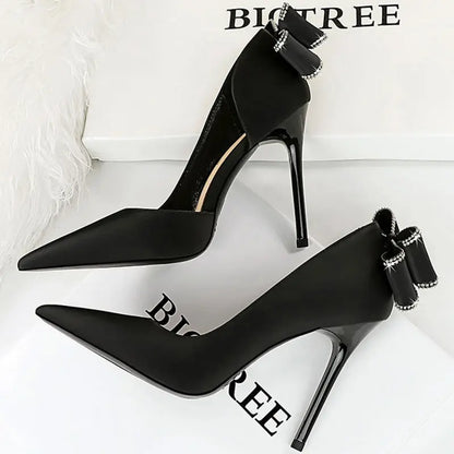 Women 10.5cm High Heels Silk Pumps Sweet Style Rhinestone Bow Super High Heels Lady Fetish Wedding Bridal Pink Green Blue Shoes - Abysaz Kollectionz