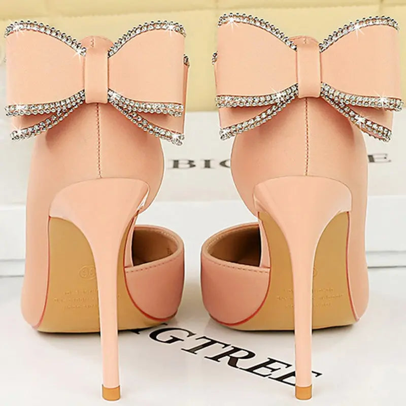 Women 10.5cm High Heels Silk Pumps Sweet Style Rhinestone Bow Super High Heels Lady Fetish Wedding Bridal Pink Green Blue Shoes - Abysaz Kollectionz