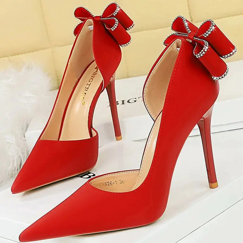 Women 10.5cm High Heels Silk Pumps Sweet Style Rhinestone Bow Super High Heels Lady Fetish Wedding Bridal Pink Green Blue Shoes - Abysaz Kollectionz