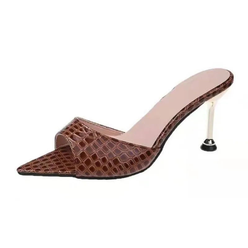 Snake Print Strappy Mule Women Thin High Heels Slippers Sandals Pointed Peep Toe Slides Party Flip Flops Shoes Abysaz Kollectionz