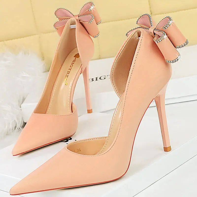 Women 10.5cm High Heels Silk Pumps Sweet Style Rhinestone Bow Super High Heels Lady Fetish Wedding Bridal Pink Green Blue Shoes - Abysaz Kollectionz