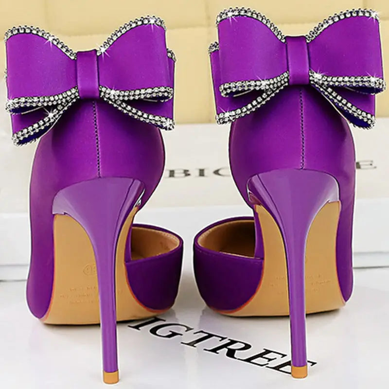 Women 10.5cm High Heels Silk Pumps Sweet Style Rhinestone Bow Super High Heels Lady Fetish Wedding Bridal Pink Green Blue Shoes - Abysaz Kollectionz