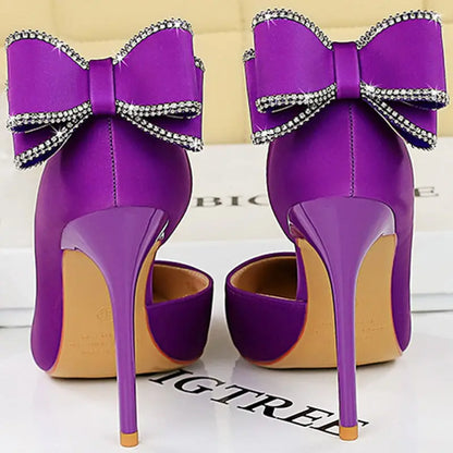 Women 10.5cm High Heels Silk Pumps Sweet Style Rhinestone Bow Super High Heels Lady Fetish Wedding Bridal Pink Green Blue Shoes - Abysaz Kollectionz