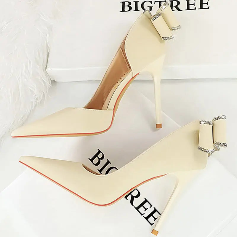 Women 10.5cm High Heels Silk Pumps Sweet Style Rhinestone Bow Super High Heels Lady Fetish Wedding Bridal Pink Green Blue Shoes - Abysaz Kollectionz
