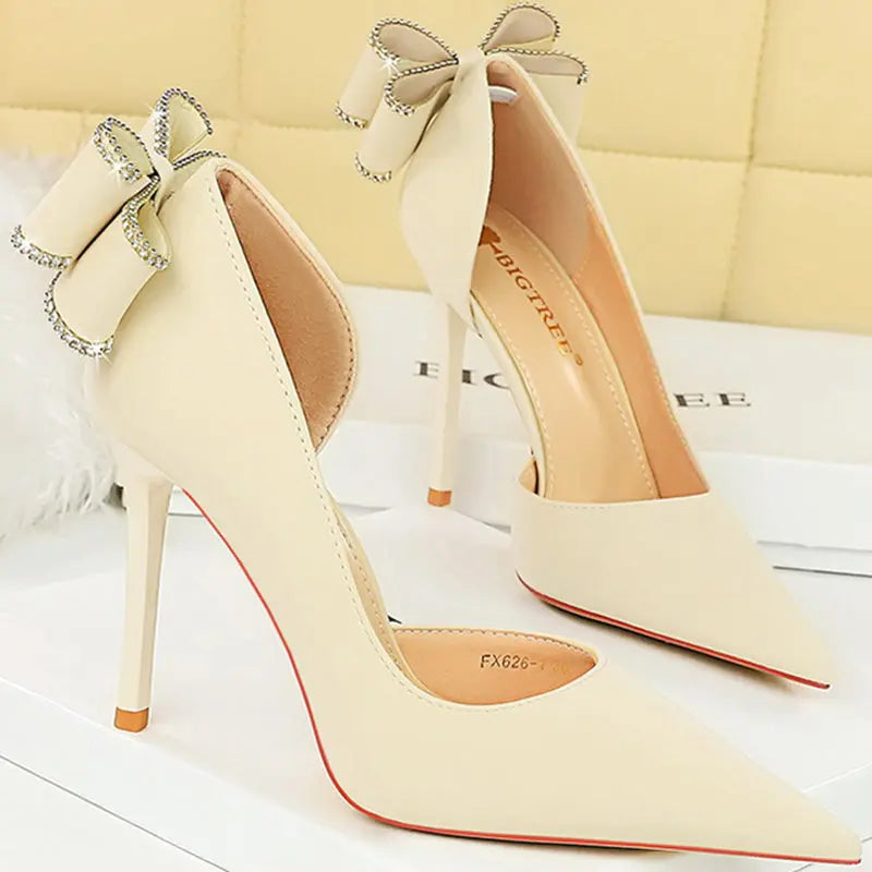 Women 10.5cm High Heels Silk Pumps Sweet Style Rhinestone Bow Super High Heels Lady Fetish Wedding Bridal Pink Green Blue Shoes - Abysaz Kollectionz