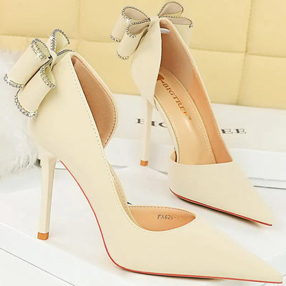 Women 10.5cm High Heels Silk Pumps Sweet Style Rhinestone Bow Super High Heels Lady Fetish Wedding Bridal Pink Green Blue Shoes - Abysaz Kollectionz