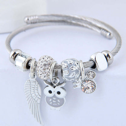 Abysaz Kollectionz DIY Beaded Owl Angel Wings Pendant Stainless Steel Bracelet - Abysaz Kollectionz
