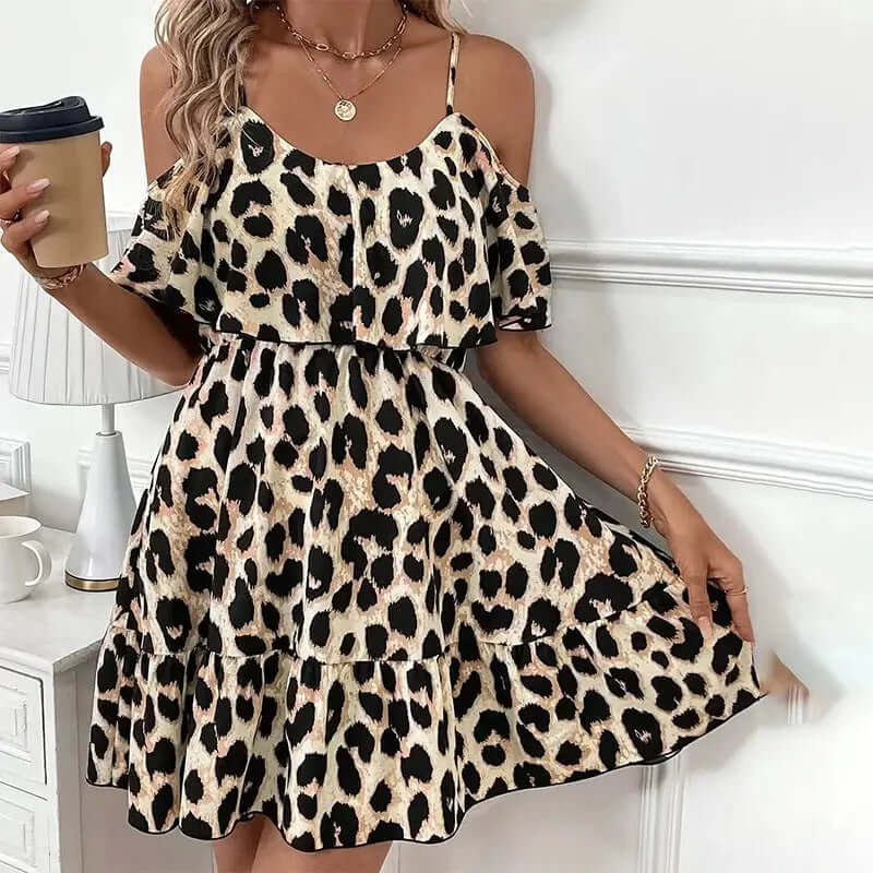 Women Sexy Leopard Print Sleeveless Dress - Flowy Spaghetti Strap Mini Dress